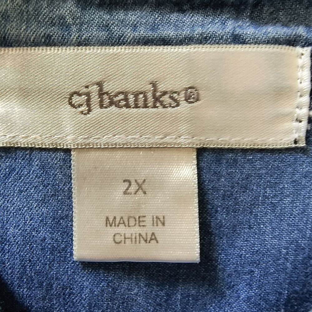 CJ Banks Denim Shirt 2X Blue Tie dye Roll Tab Sleeves Bling Rodeo Festival - Picture 16 of 16